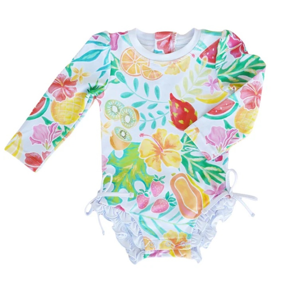 NWT Caden Lane Long Sleeve Rash Guard with Ruffle Butt in Tropical Paradise.